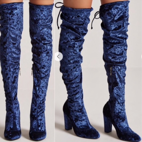 thigh high blue velvet boots
